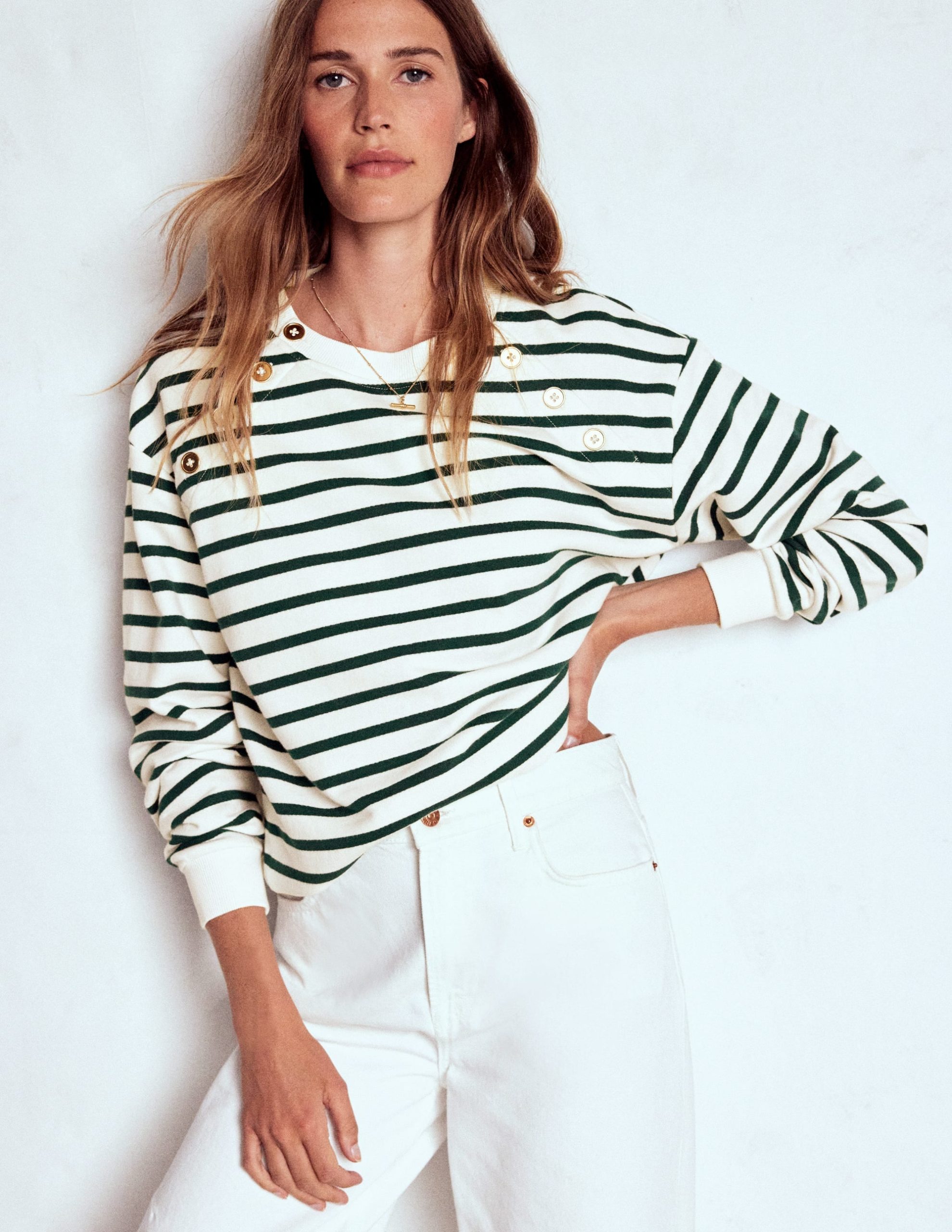Button Detail Sweatshirt-Emerald Night. Ivory - Image 4