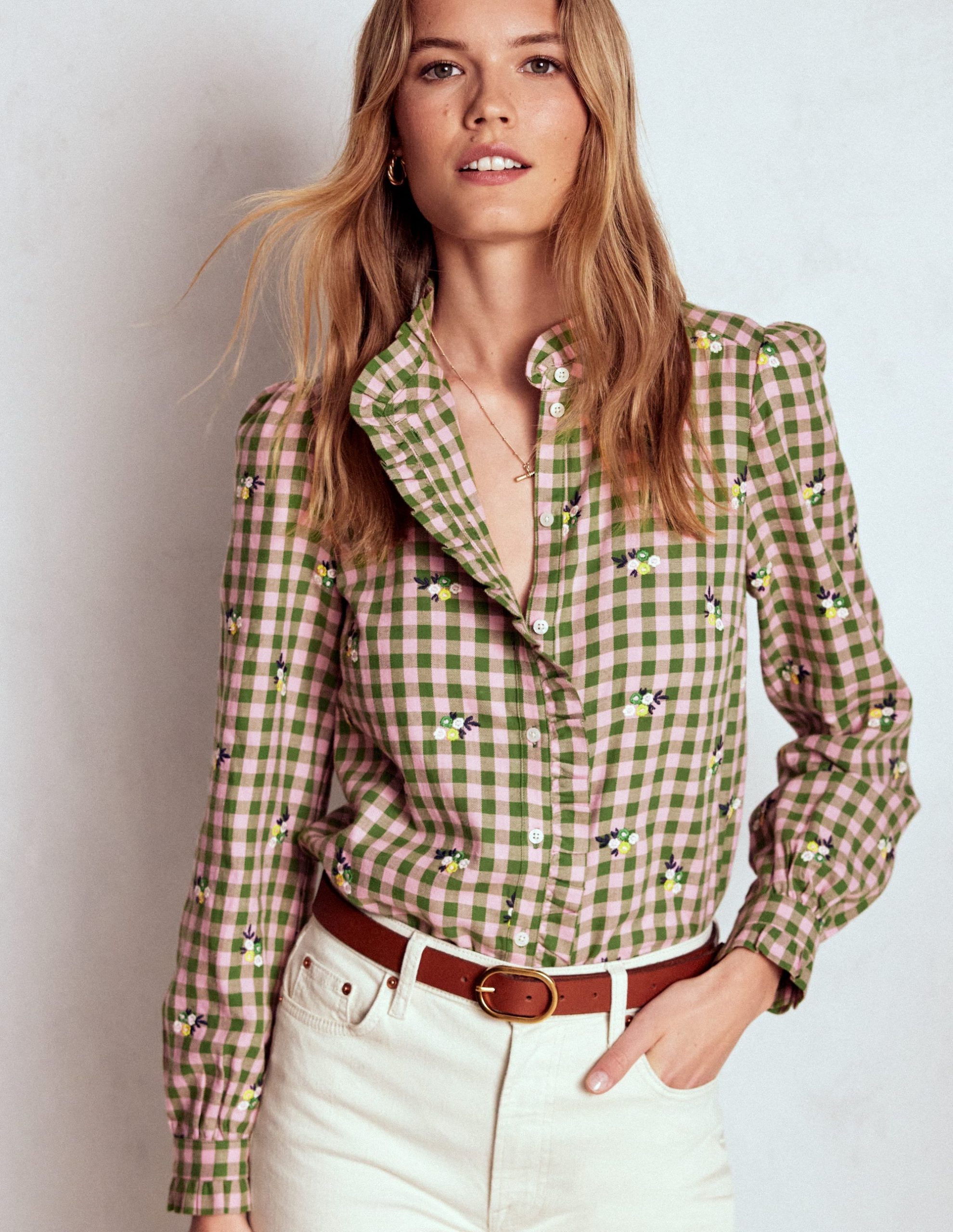 Helena Brushed Cotton Top-Green and Pink Floral Check - Image 4