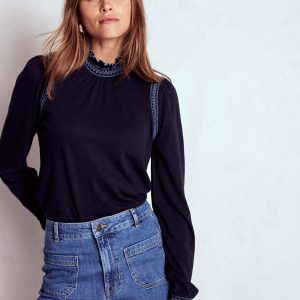 Tia Smocked Neck Jersey Top-Navy