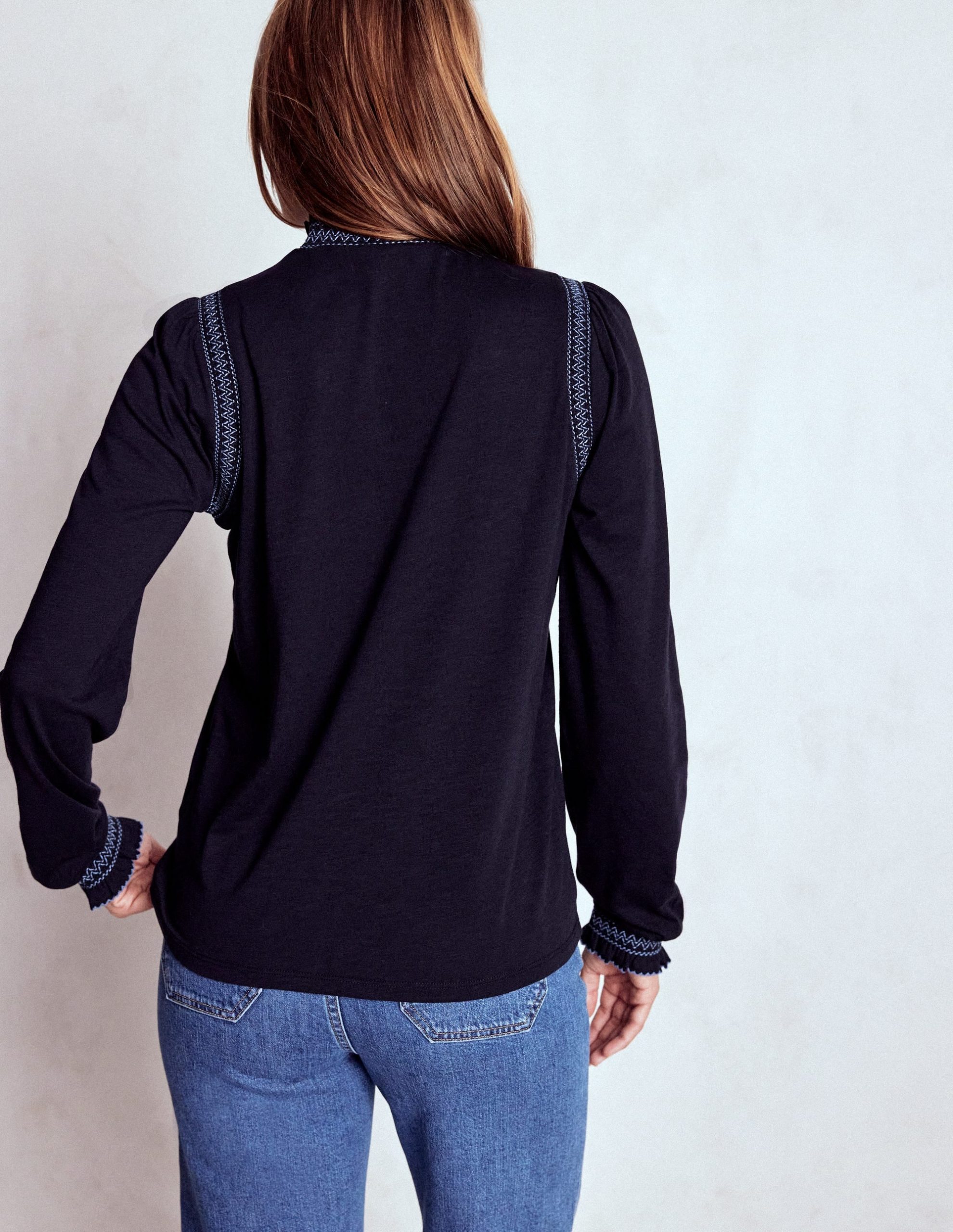 Tia Smocked Neck Jersey Top-Navy - Image 3