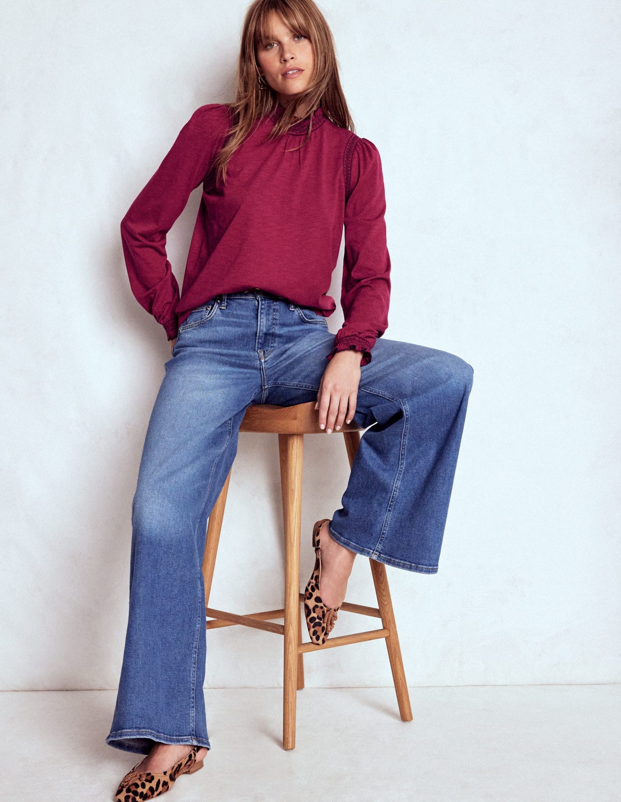 Tia Smocked Neck Jersey Top-Ruby Red - Image 2