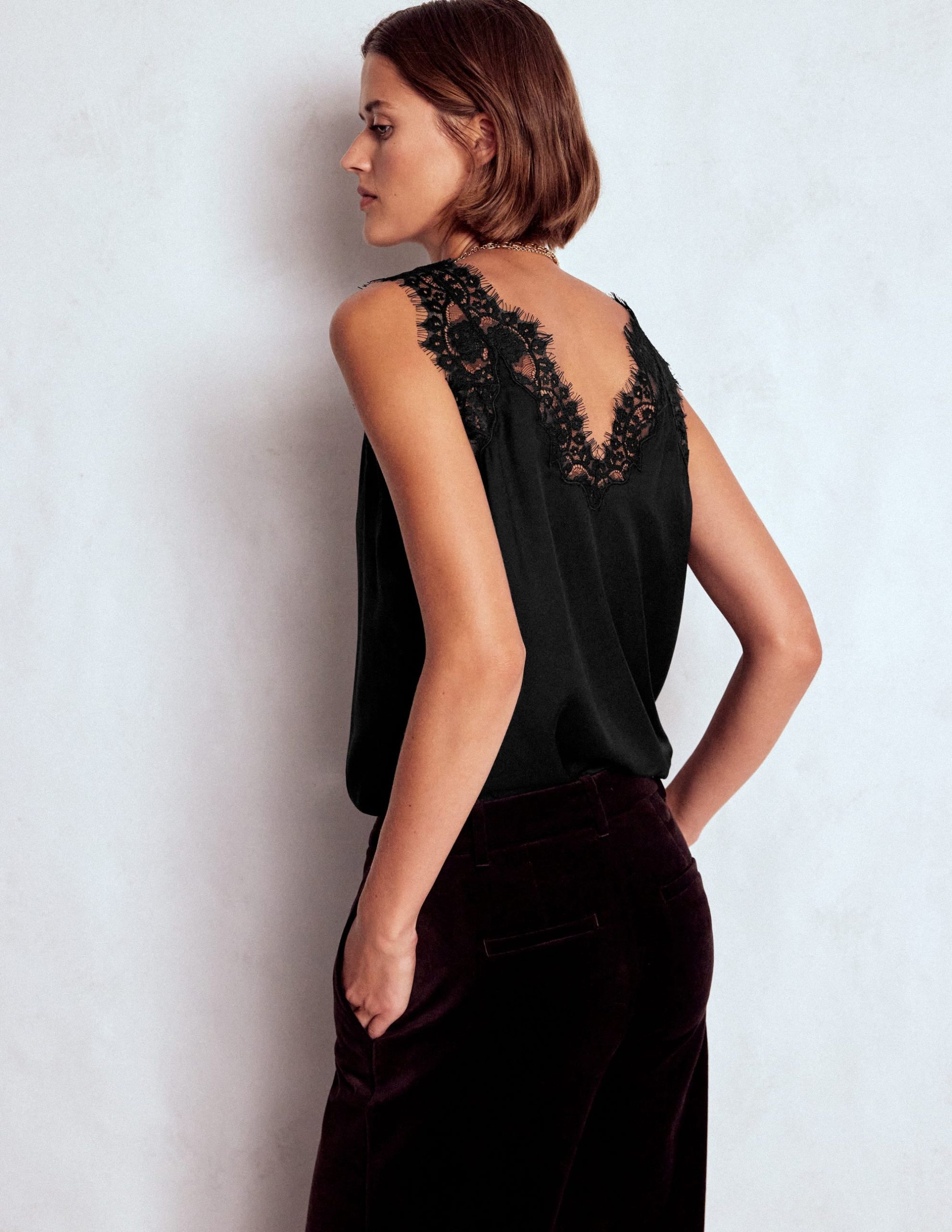 Silk-blend Lace Trim Cami Top-Black - Image 3