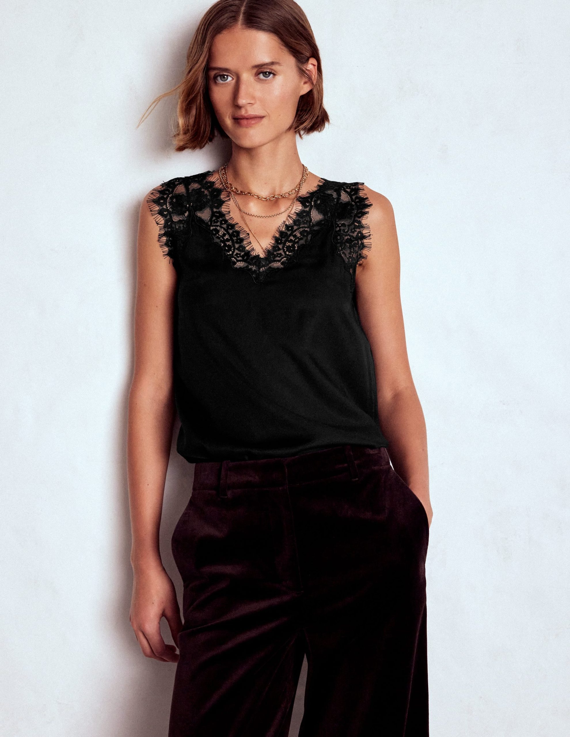 Silk-blend Lace Trim Cami Top-Black - Image 4