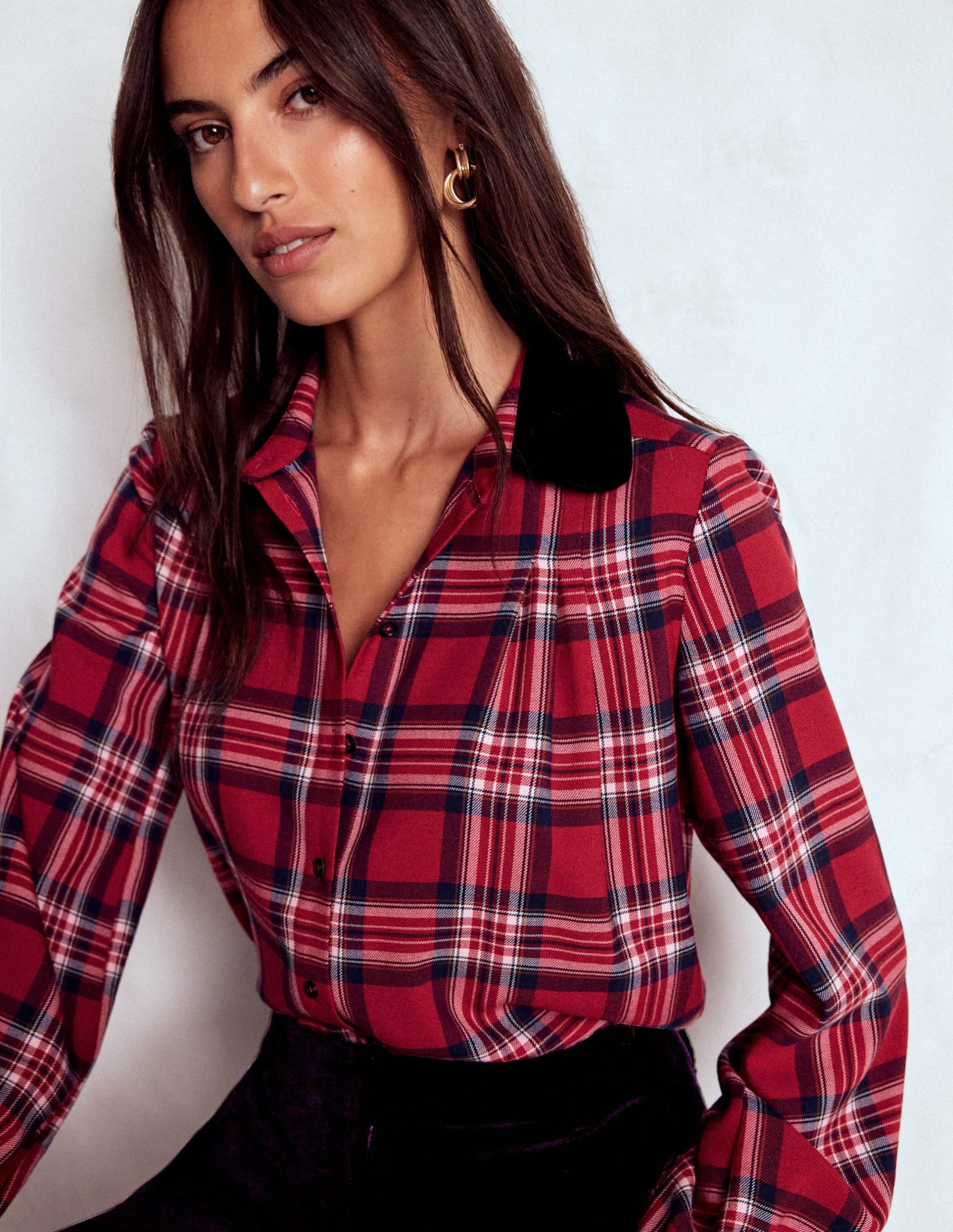 Velvet Collared Check Shirt-Red Check - Image 2