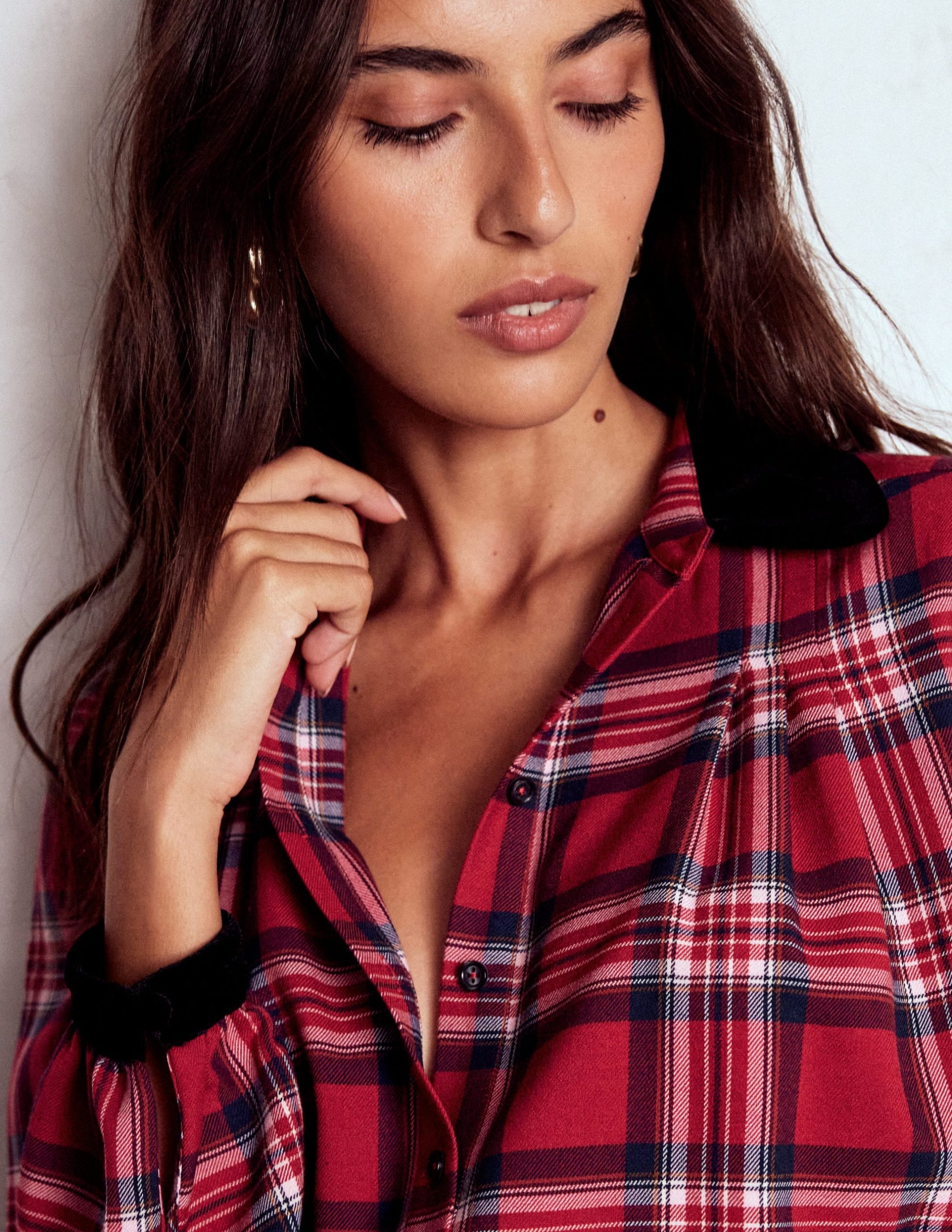 Velvet Collared Check Shirt-Red Check - Image 3