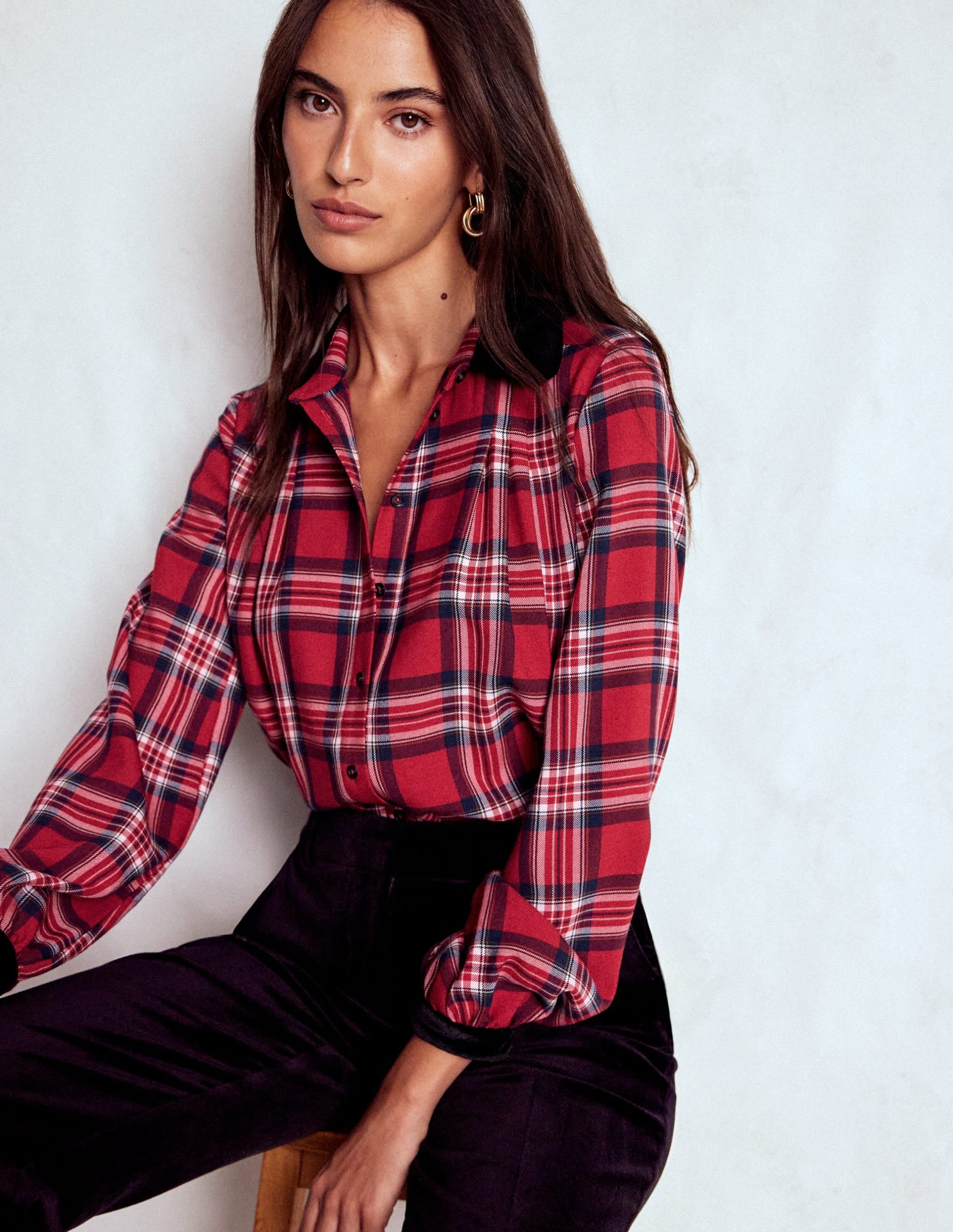 Velvet Collared Check Shirt-Red Check - Image 5