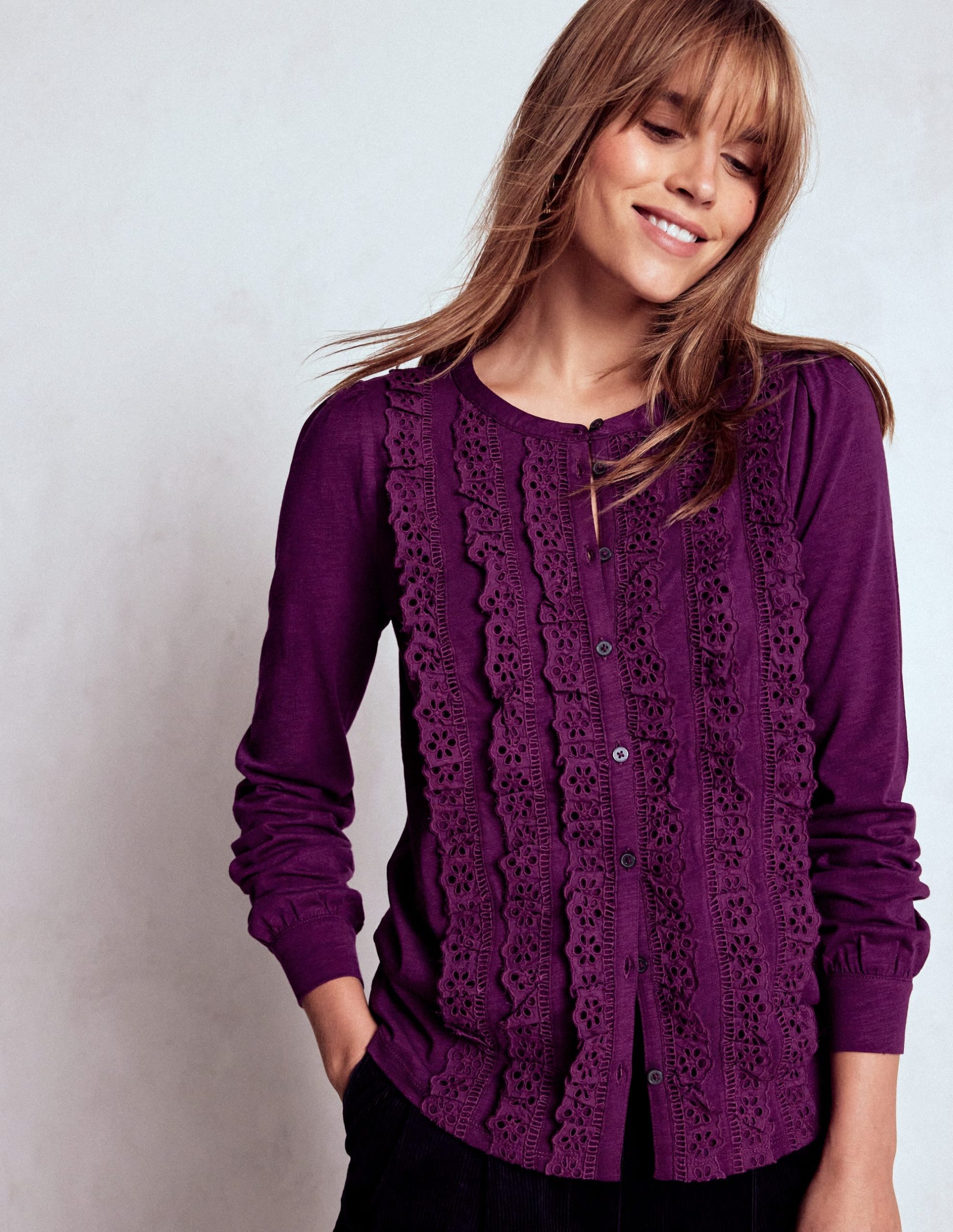 Broderie Ruffle Jersey Shirt-Plum Jam - Image 4