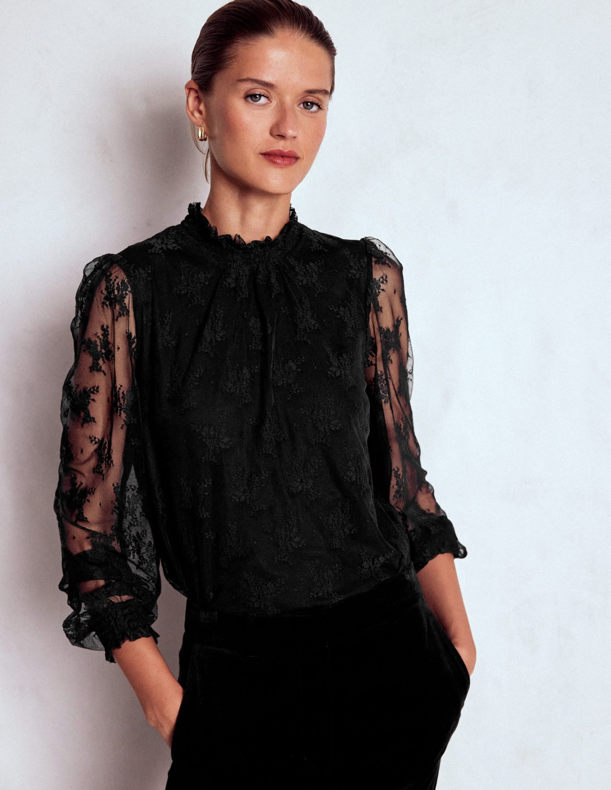 Smock Neck Tulle Top-Black - Image 4
