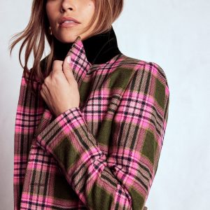 Boxy Double Breasted Blazer-Olive Green and Pink Check