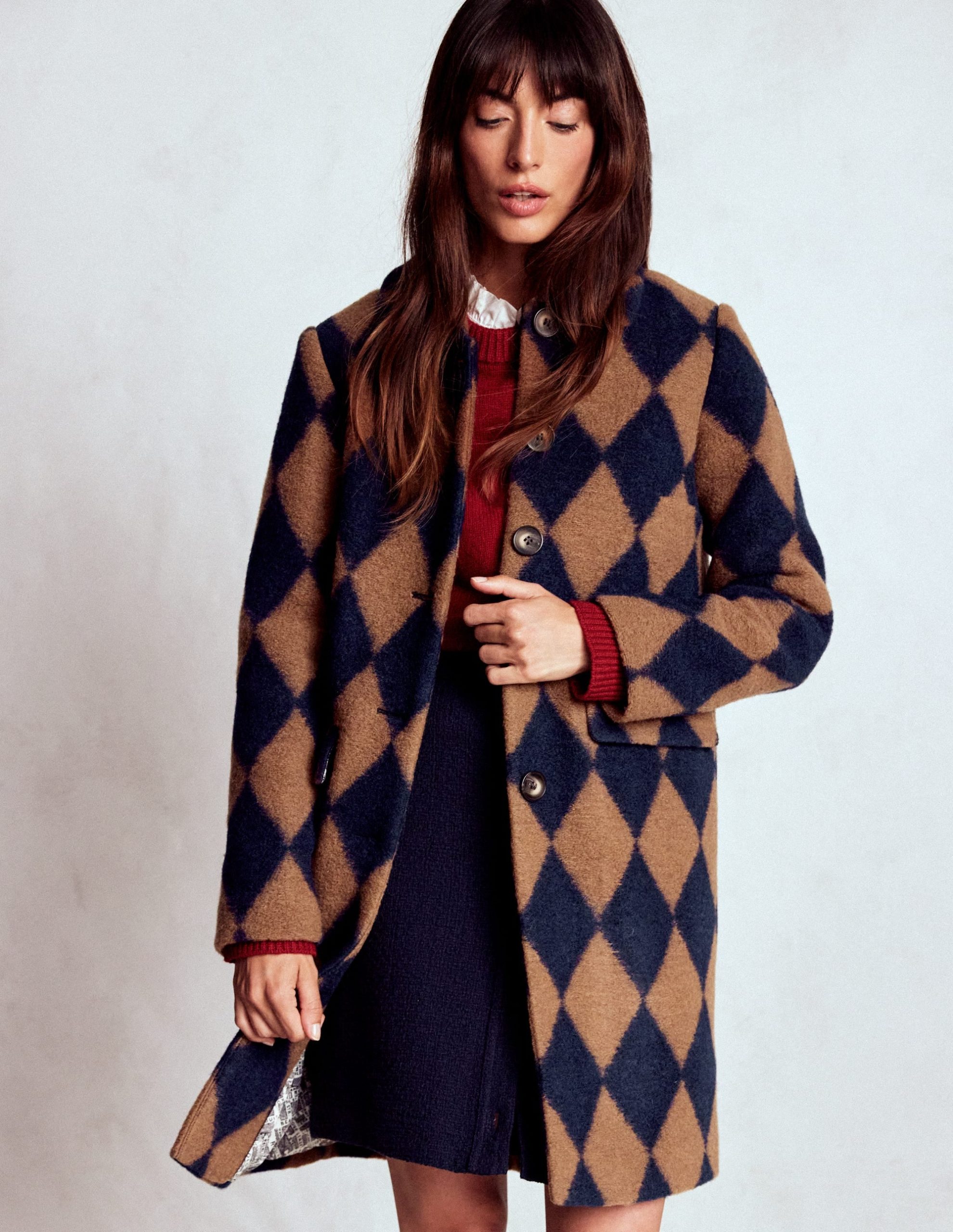 Edinburgh Swing Coat-Camel and Navy Argyle
