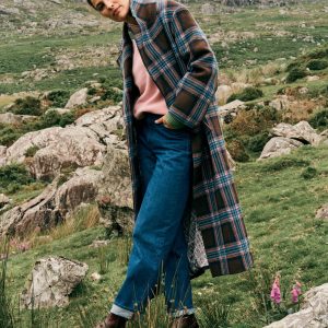 Cocoon Wool Coat-Brown. Teal and Pink Check