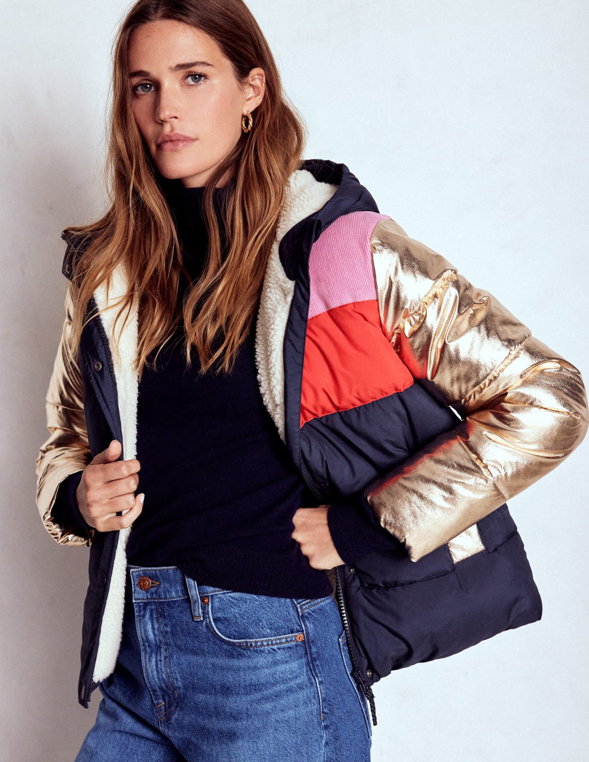 Padded Puffer Coat-Navy. Colourblock - Image 2