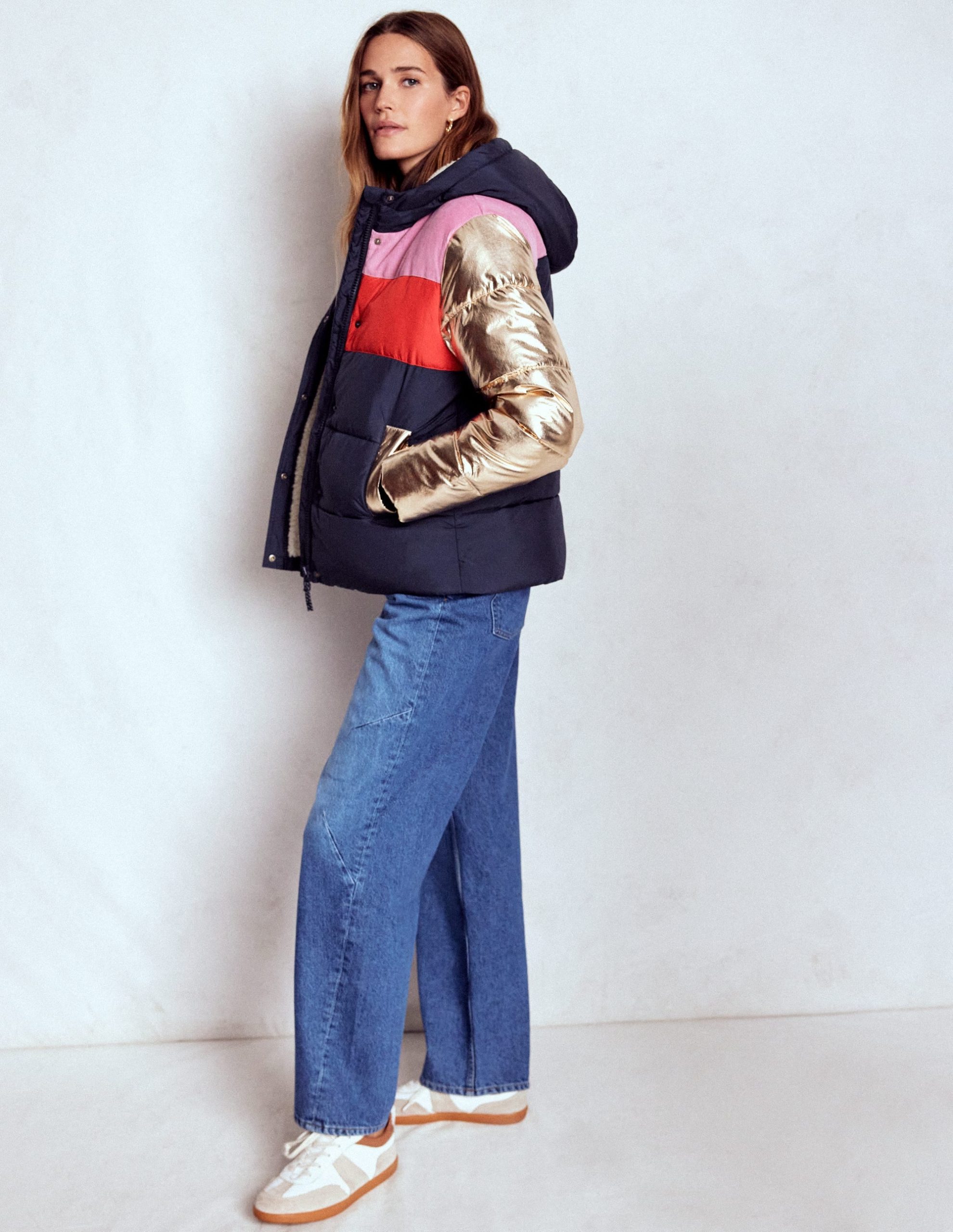 Padded Puffer Coat-Navy. Colourblock - Image 4