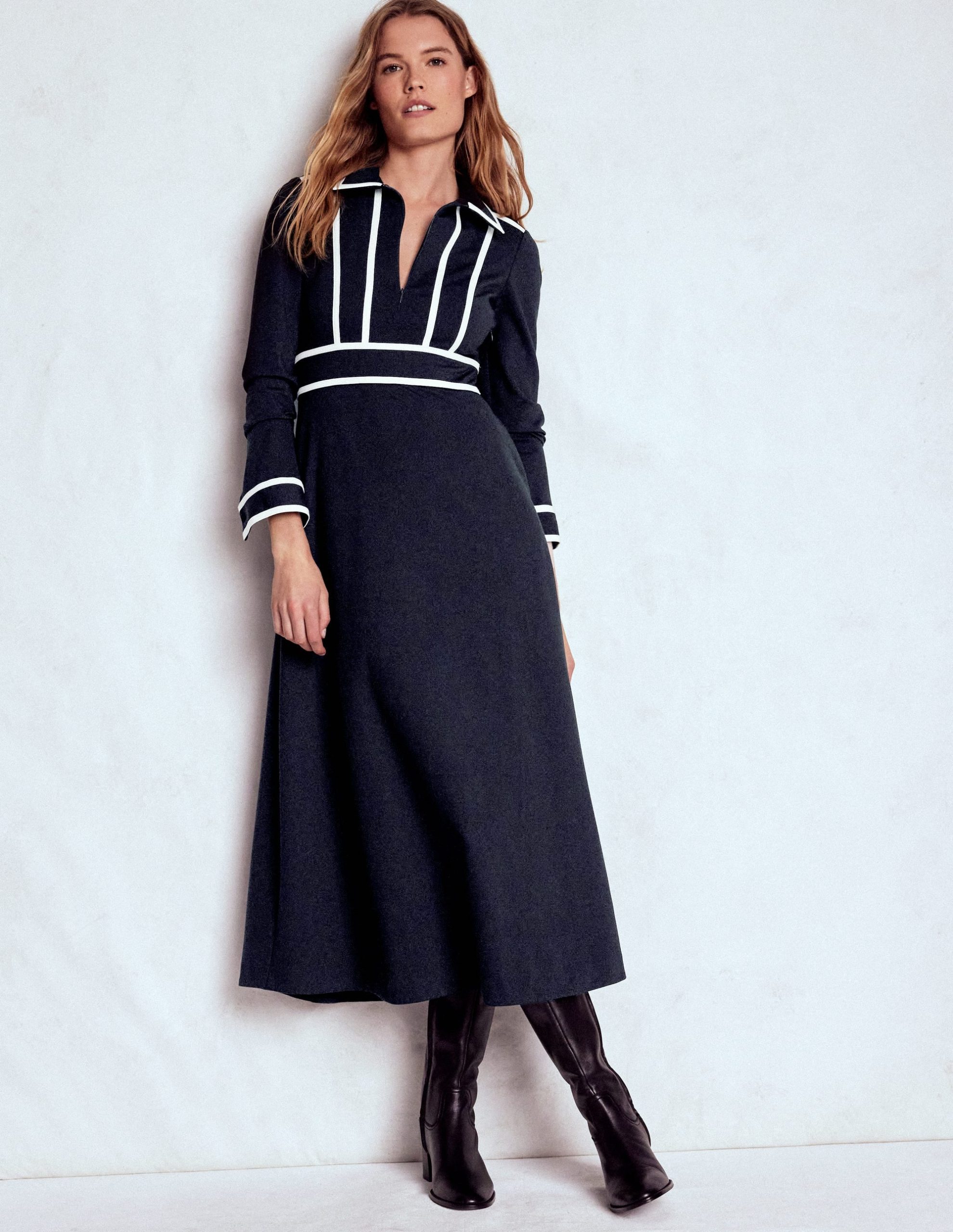 Contrast Ponte Midi Dress-Navy - Image 2